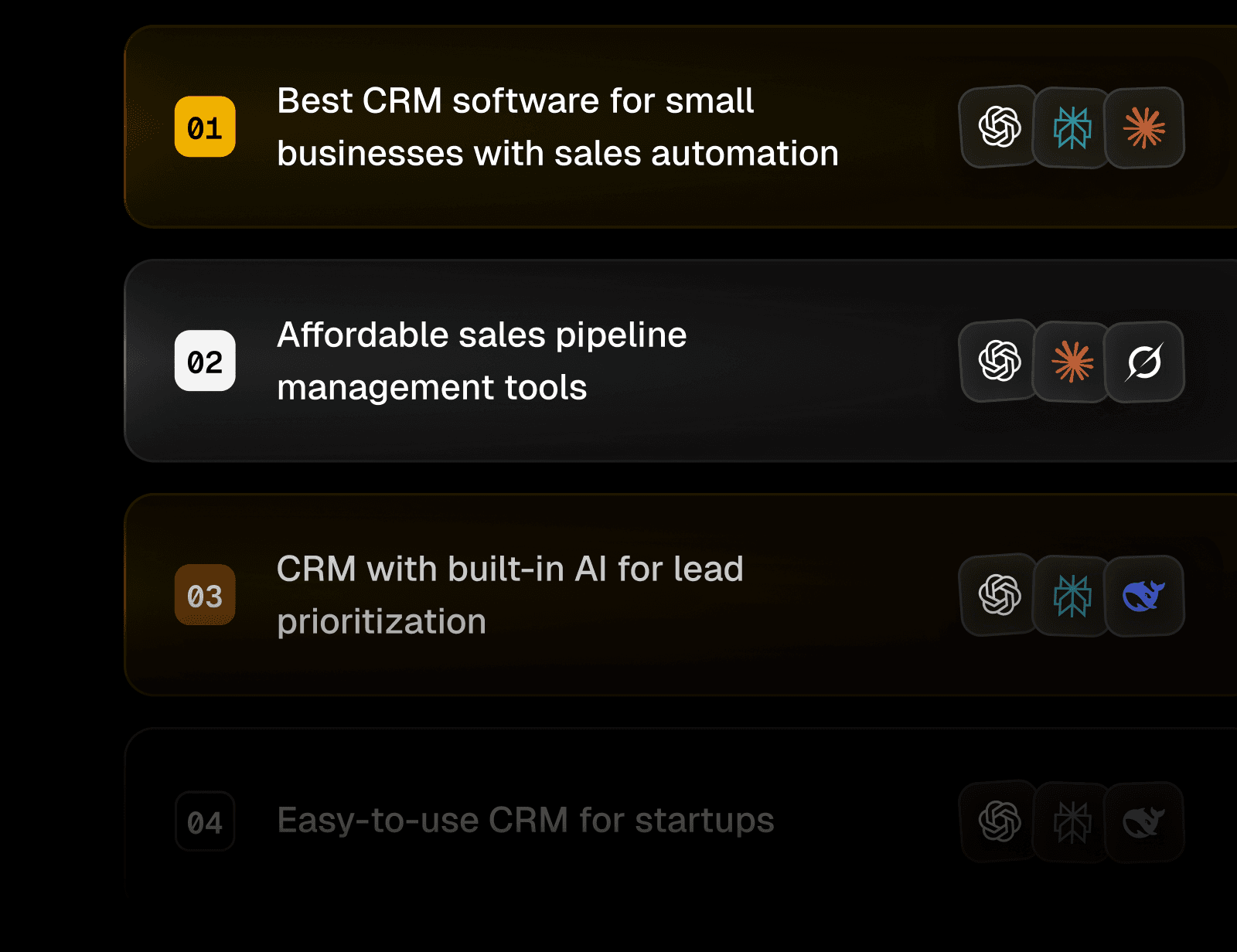 Prompt tracking dashboard showing AI search rankings across ChatGPT, Claude, and Perplexity
